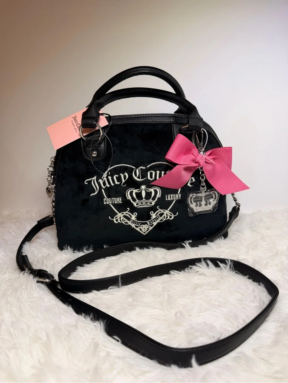 Juicy Couture Black Velvet Satchel with Pink Bow Charm